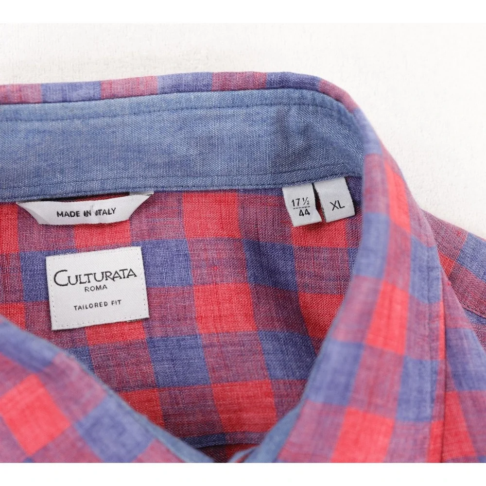 Culturata Shirt Mens XL Red Blue Check Linen Button Up Long Sleeve Made in Italy